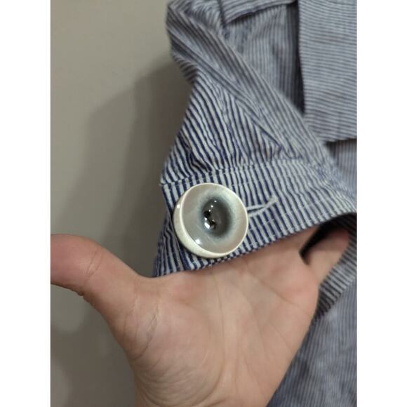 Women's pretty pinstripe pinafore smock w/Peter Pan collar & oversized buttons M - Picture 4 of 10